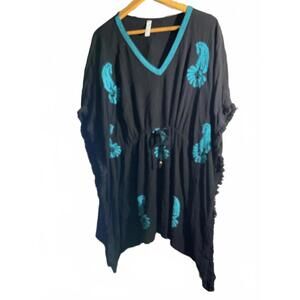 La Moda Black/Turquoise Embroidered Tunic/Swimsuit Coverup L/XL